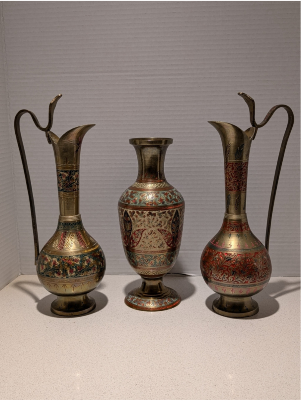 Vintage India Brass Enamel Ewer Vase Set of 3 Meenakari Boho Decor